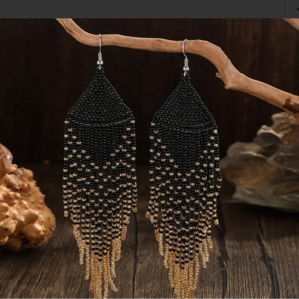 SALE Boho Fringe Black n Gold beaded cascade earrings
